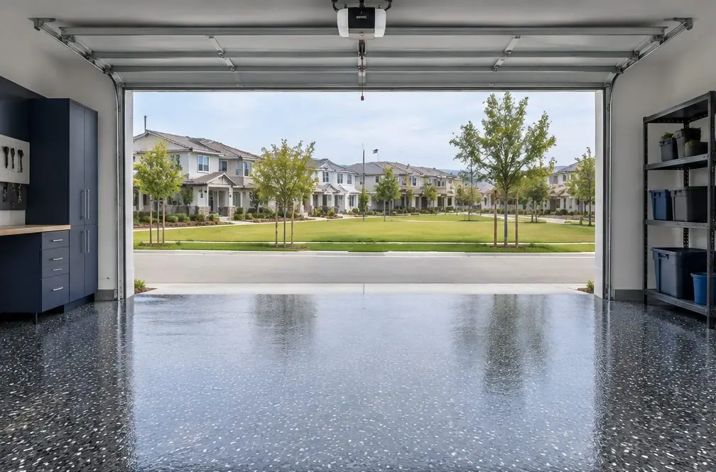 Illustration: a coated floor seen from inside, with Bressi Ranch beyond the open door
