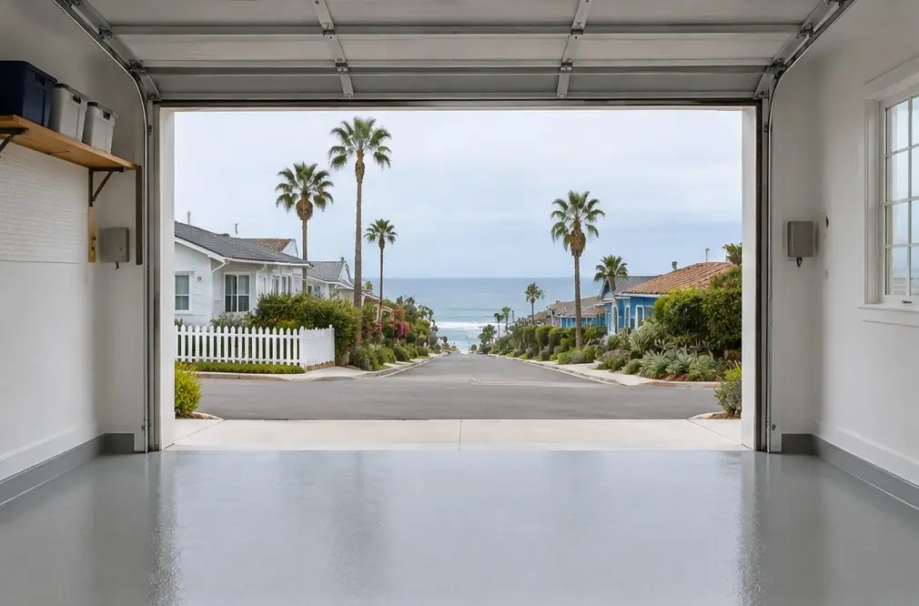 Illustration: a coated floor seen from inside, with Carlsbad Village beyond the open door